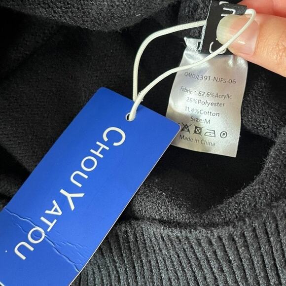 Chouyatou Sweater Fringe Black Patterned Knit Pullover Crew Neck Medium NWT - Picture 4 of 5